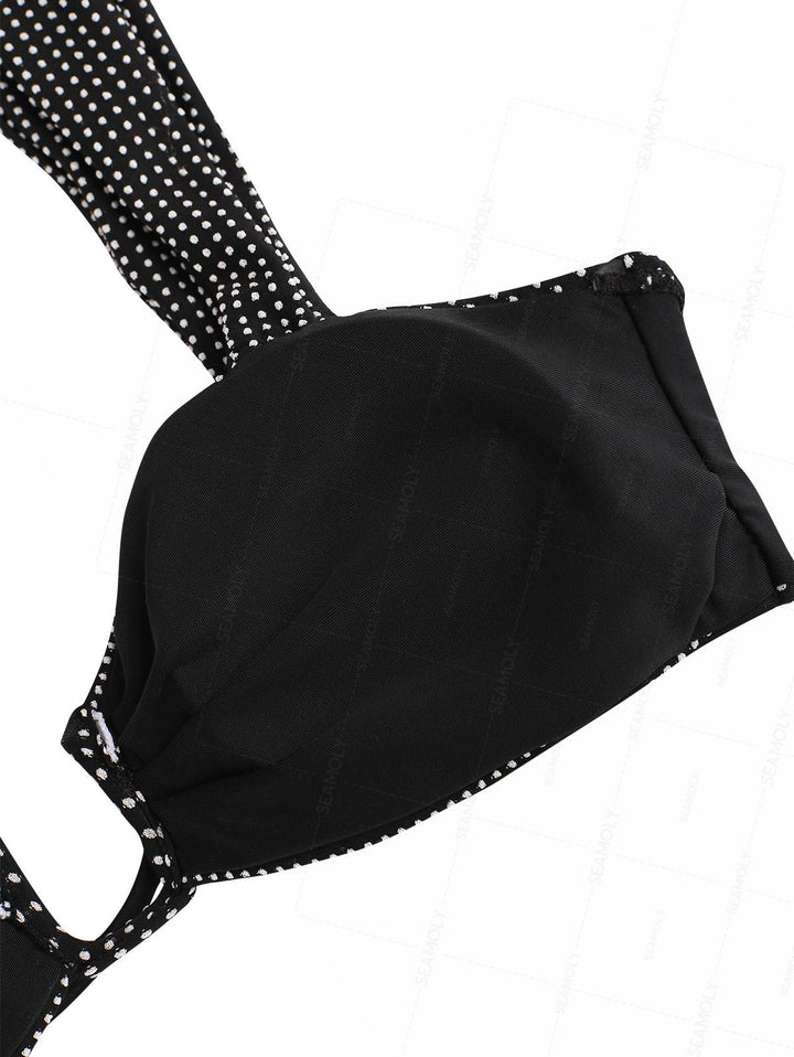 Seamolly Pin Dot Jacquard U-wire Cinched Tied Back Cheeky Bikini Set