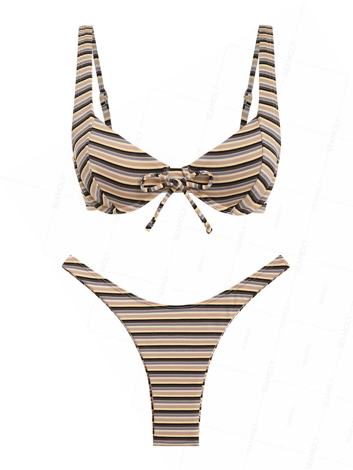 Seamolly Striped Bowknot Underwire Balconette High Leg Bikini Set