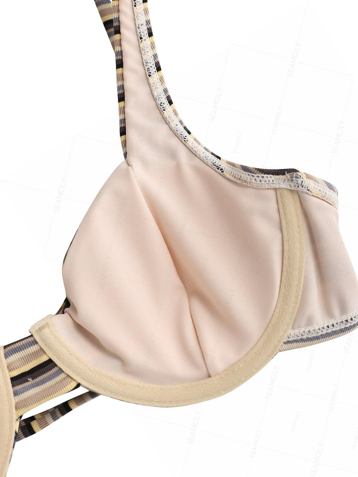 Seamolly Striped Bowknot Underwire Balconette High Leg Bikini Set