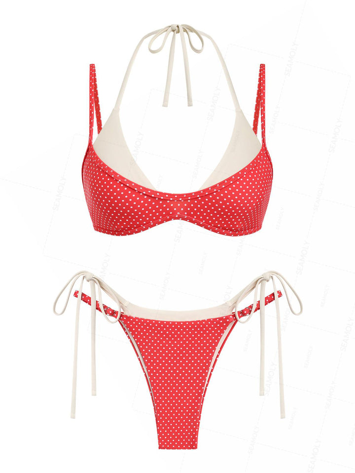 Seamolly Polka Dot Print Double Layer 2 In 1 Tie Side Bikini Set