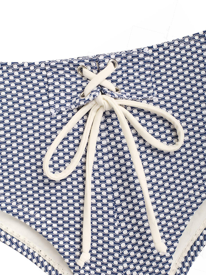 Deep Blue Polka Dot Print Lace Up Bikini Bottom Cheeky Swim Boyshorts