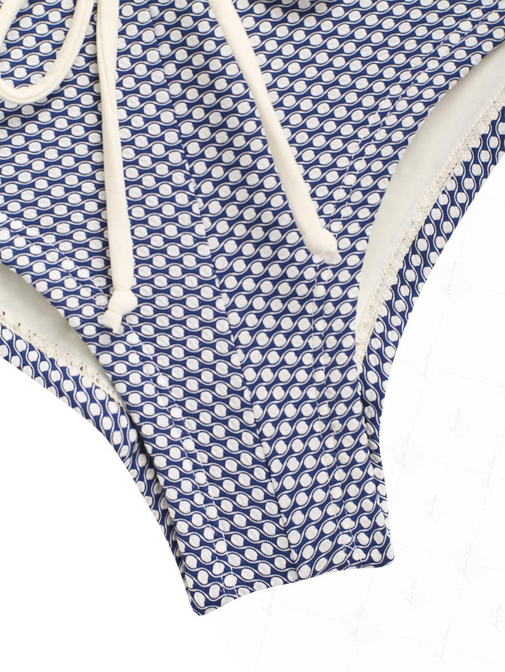 Deep Blue Polka Dot Print Lace Up Bikini Bottom Cheeky Swim Boyshorts