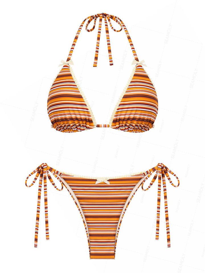 Seamolly Striped Lace Bowknot Halter Triangle String Bikini Set