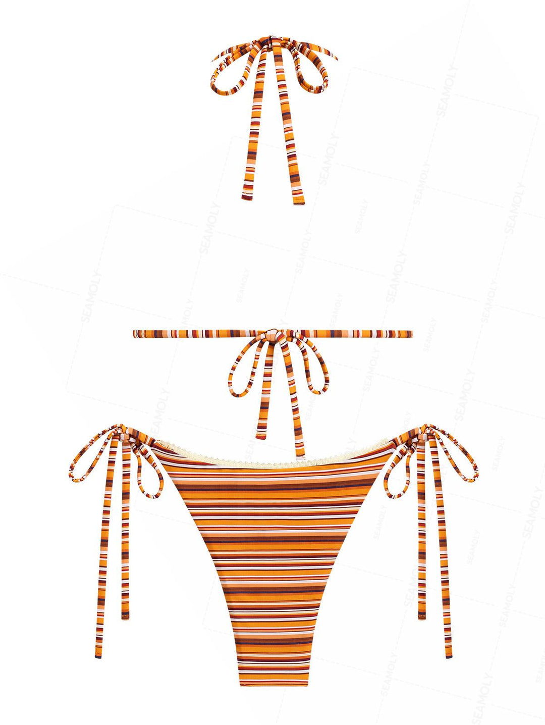 Seamolly Striped Lace Bowknot Halter Triangle String Bikini Set