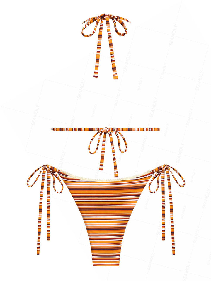 Seamolly Striped Lace Bowknot Halter Triangle String Bikini Set