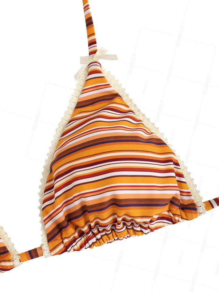 Seamolly Striped Lace Bowknot Halter Triangle String Bikini Set