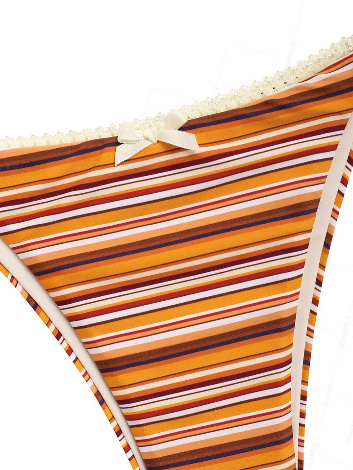 Seamolly Striped Lace Bowknot Halter Triangle String Bikini Set