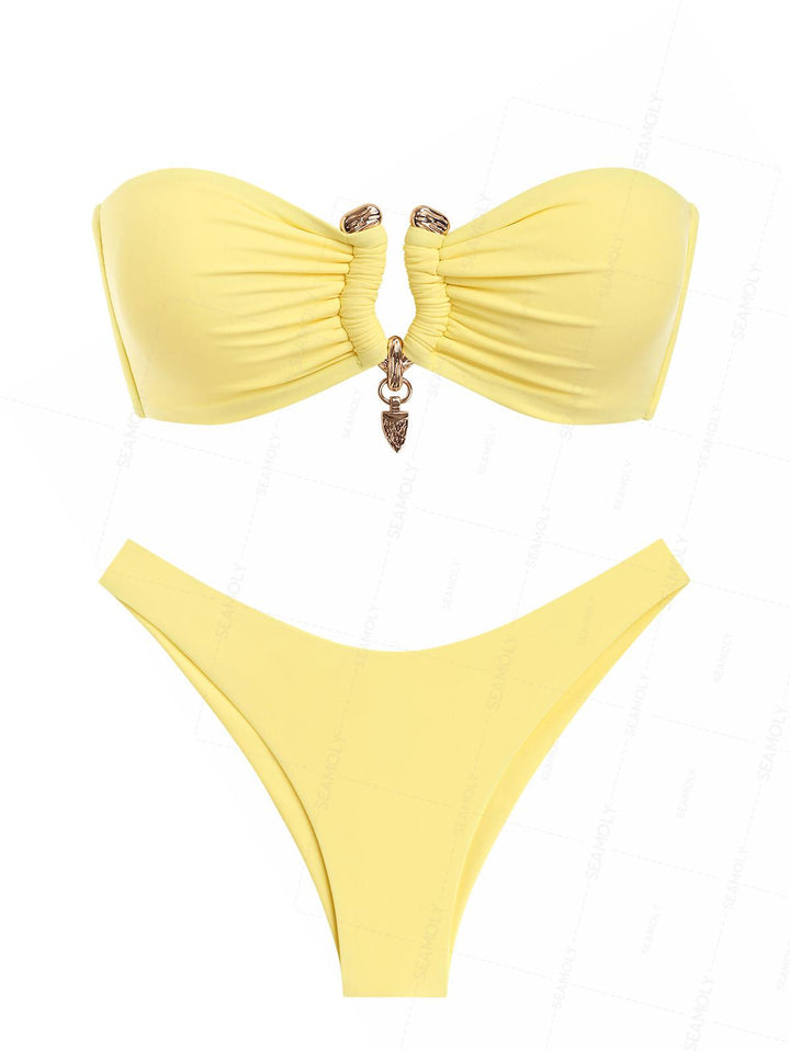 Seamolly Ruched U-ring Metal Lace Up Bandeau Top & Brazilian Bottom Bikini Set