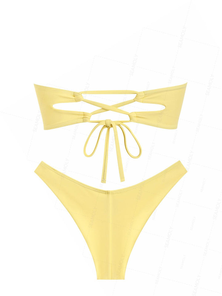 Seamolly Ruched U-ring Metal Lace Up Bandeau Top & Brazilian Bottom Bikini Set