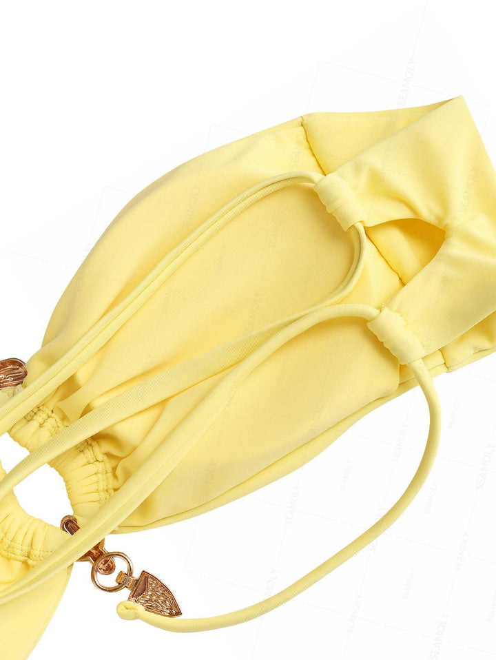 Seamolly Ruched U-ring Metal Lace Up Bandeau Top & Brazilian Bottom Bikini Set