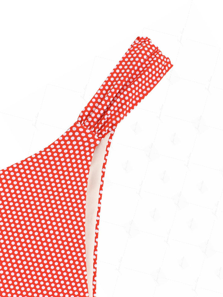 Cherry Red Polka Dot Print Ruched Side High Leg Bikini Bottom