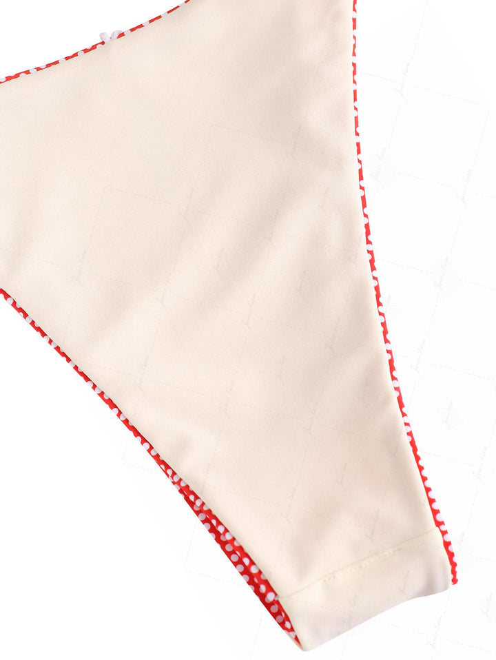 Cherry Red Polka Dot Print Ruched Triangle Bikini Set