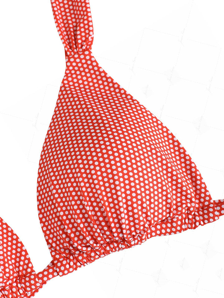 Cherry Red Polka Dot Print Ruched Triangle Bikini Set
