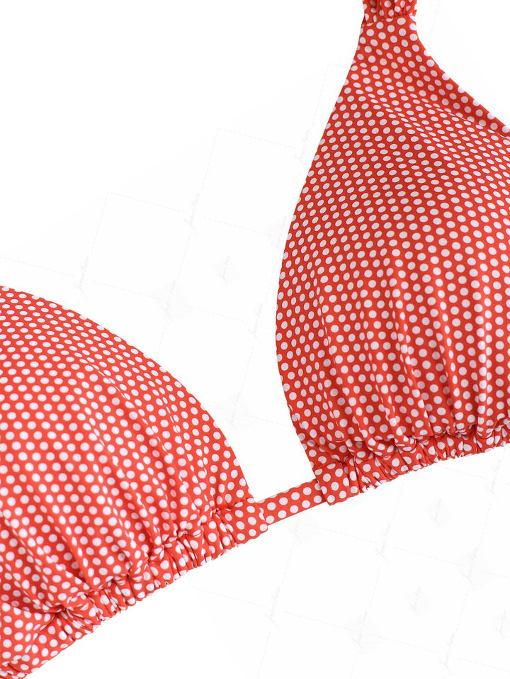 Cherry Red Polka Dot Print Ruched Triangle Bikini Top
