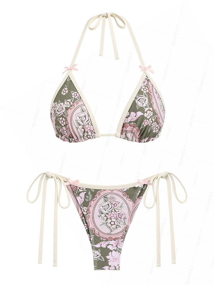 Seamolly Retro Floral Bowknot Triangle Top & Brazilian Bottom Bikini Set