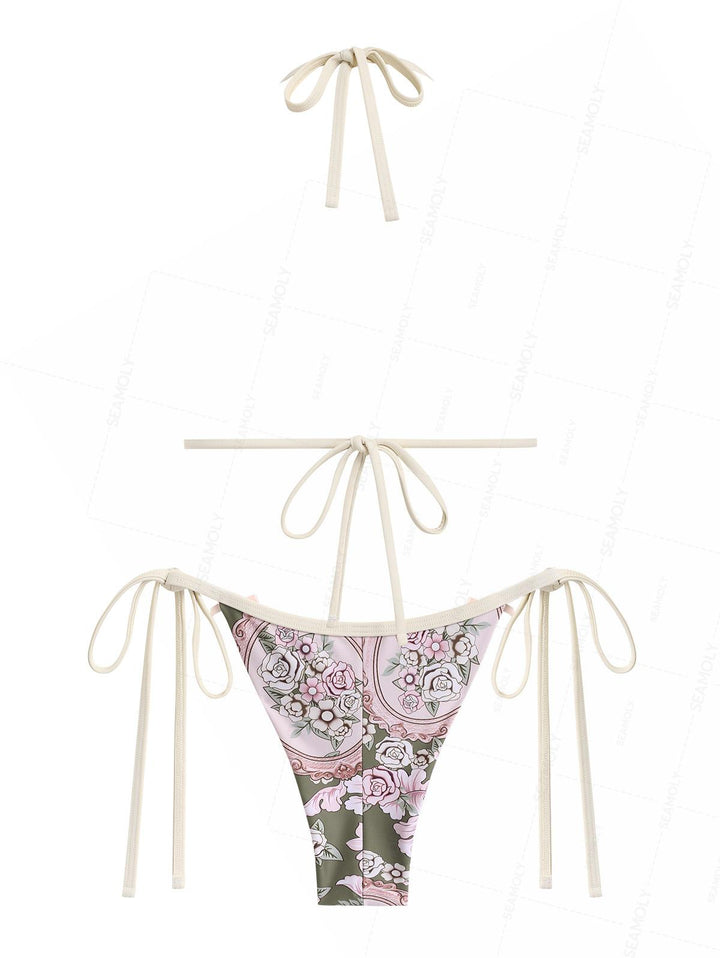 Seamolly Retro Floral Bowknot Triangle Top & Brazilian Bottom Bikini Set
