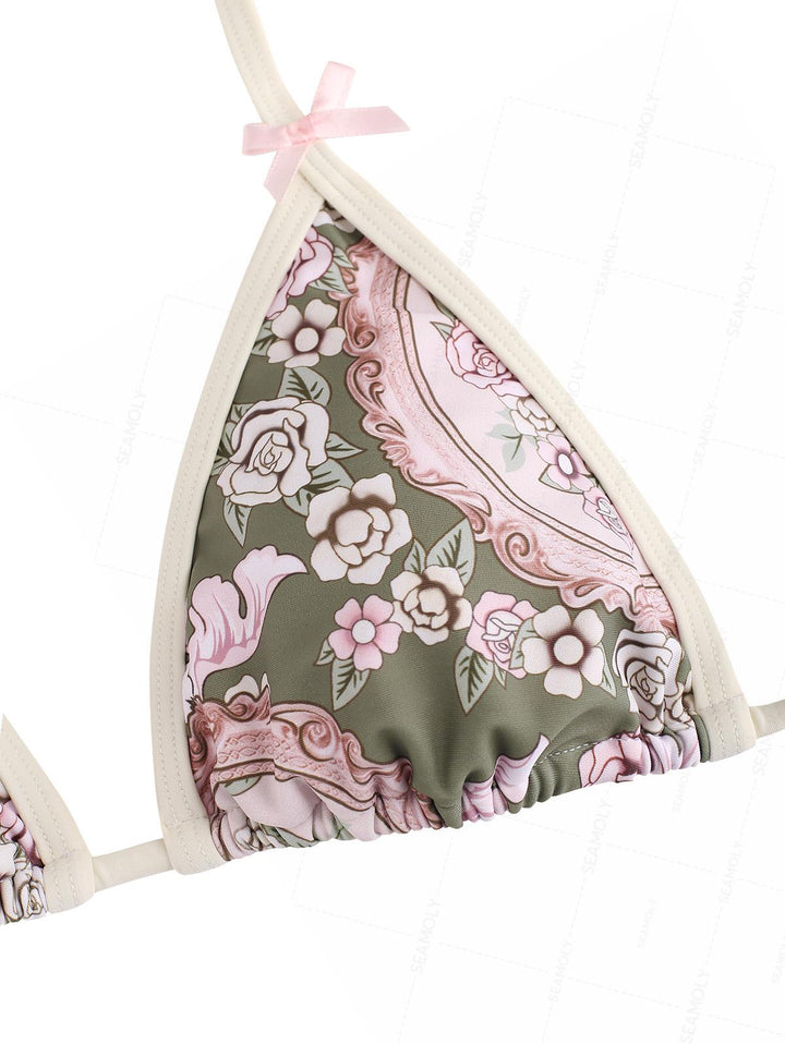 Seamolly Retro Floral Bowknot Triangle Top & Brazilian Bottom Bikini Set