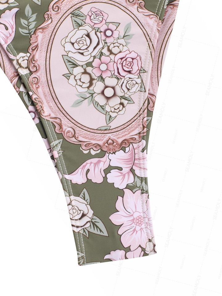 Seamolly Retro Floral Bowknot Triangle Top & Brazilian Bottom Bikini Set