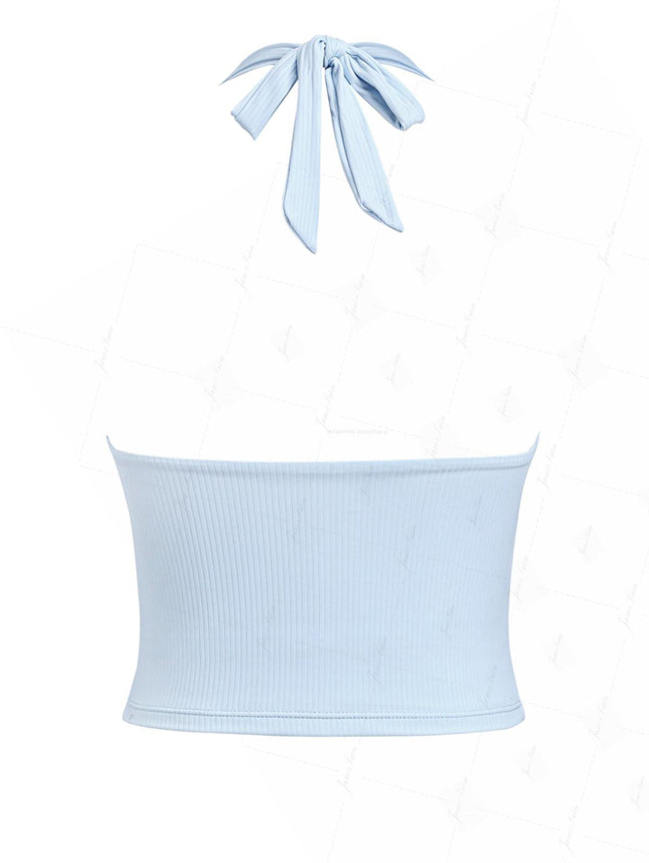 Light Blue Ribbed Knit Bowknot Plunging Neck Halter Tied Tankini Top