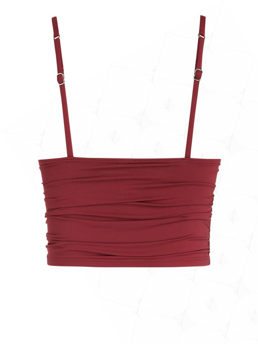 Red Wine Solid Color Cool Touch Ruched Plunging Neck Cami Tankini Top