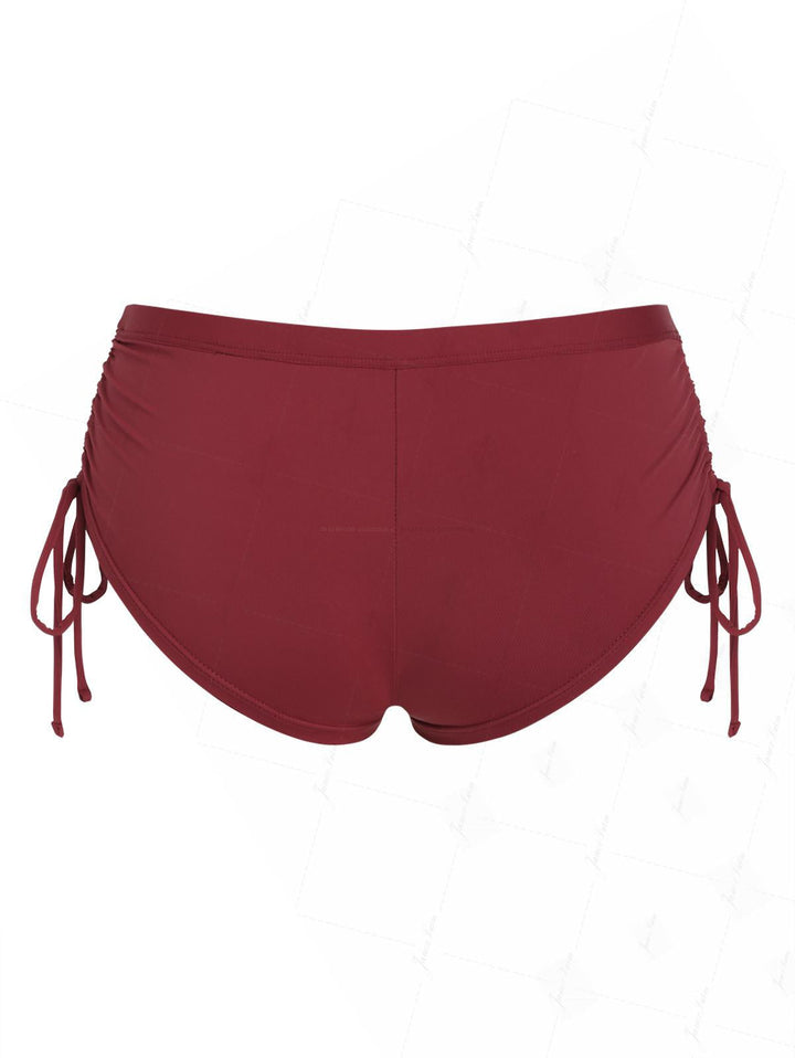 Red Wine Solid Color Cinched Side Bikini Bottom Cheeky Swim Boyshorts