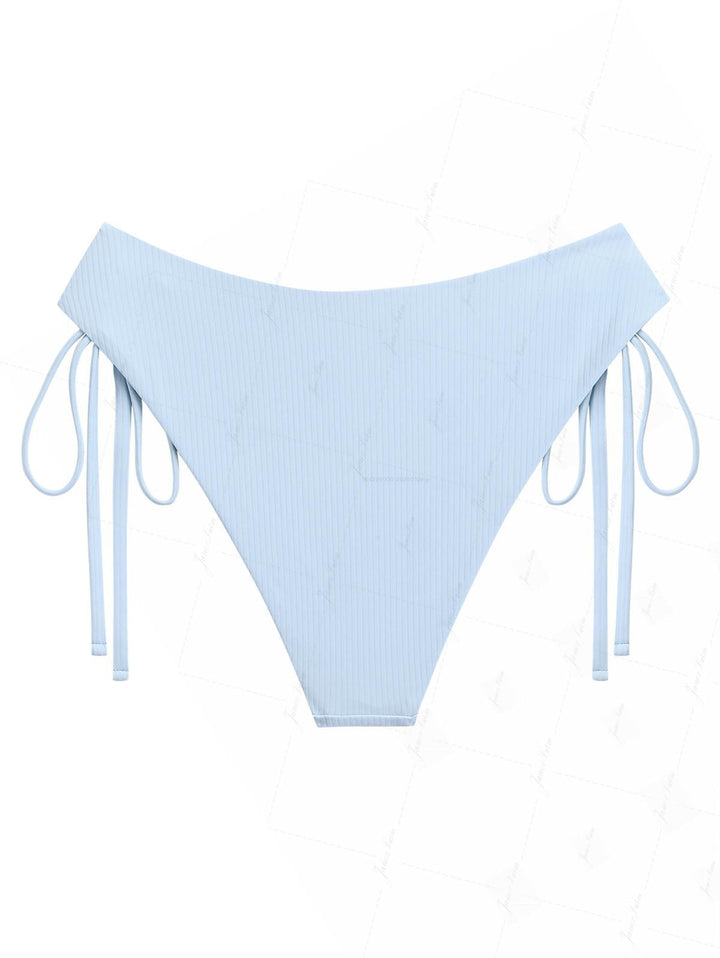Light Blue Ribbed Knit Cinched Tie Side Hipster Bikini Bottom