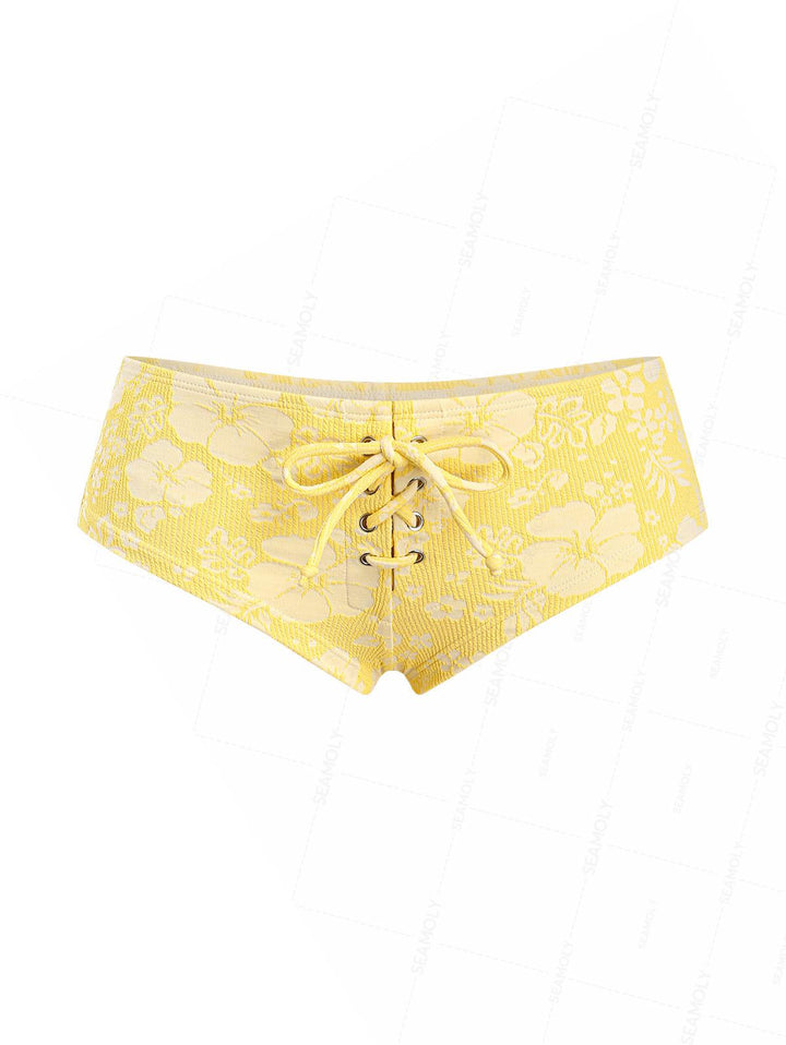 Seamolly Recycled Fabric Jacquard Grommet Lace Up Bikini Bottom Cheeky Swim Boyshorts