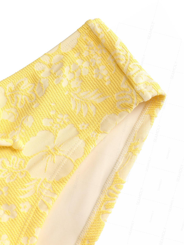 Seamolly Recycled Fabric Jacquard Grommet Lace Up Bikini Bottom Cheeky Swim Boyshorts