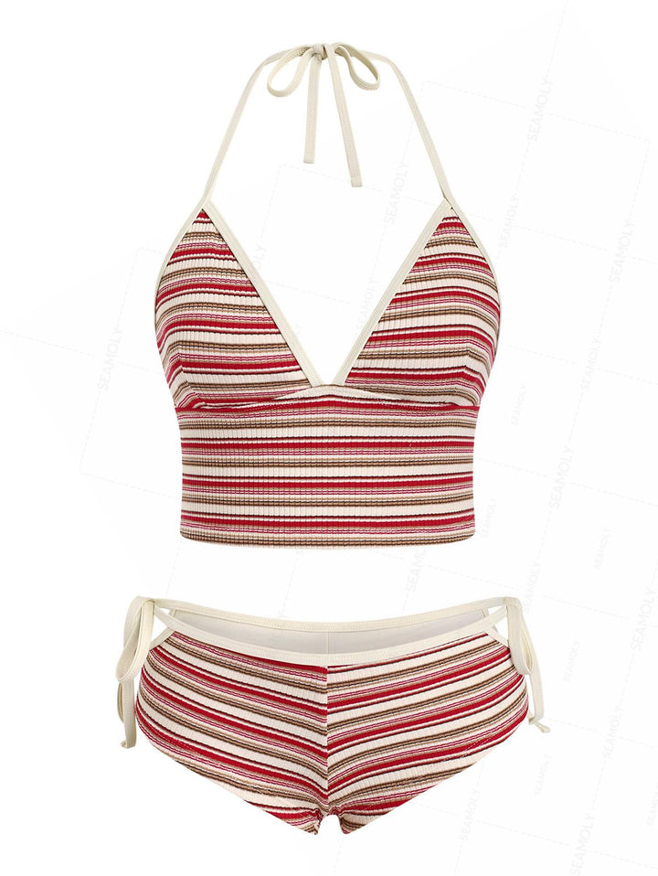Seamolly Striped Ribbed Halter Cutout Tied Side Boyshorts Tankini Set