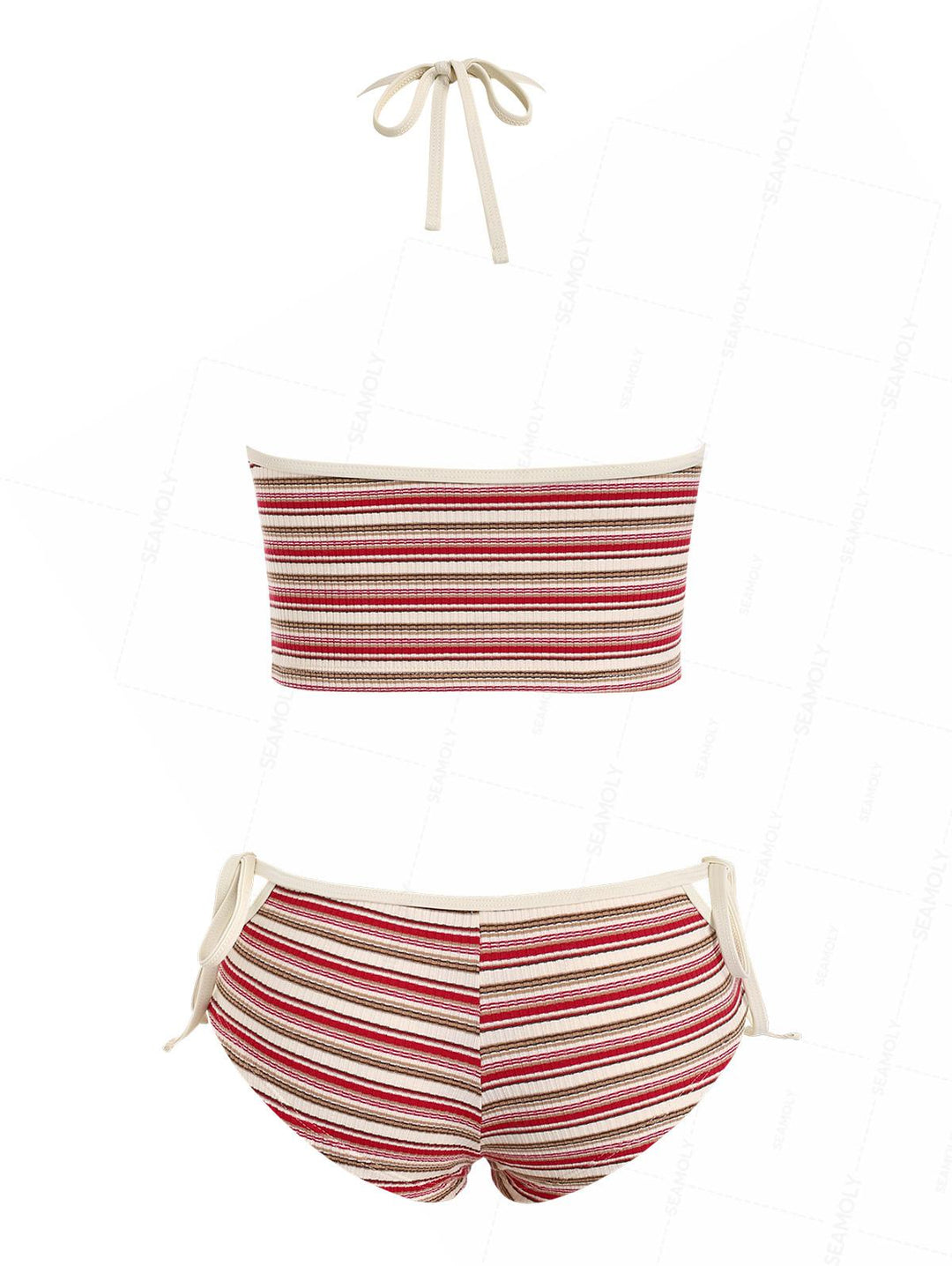 Seamolly Striped Ribbed Halter Cutout Tied Side Boyshorts Tankini Set