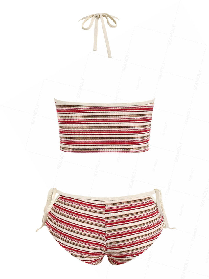 Seamolly Striped Ribbed Halter Cutout Tied Side Boyshorts Tankini Set
