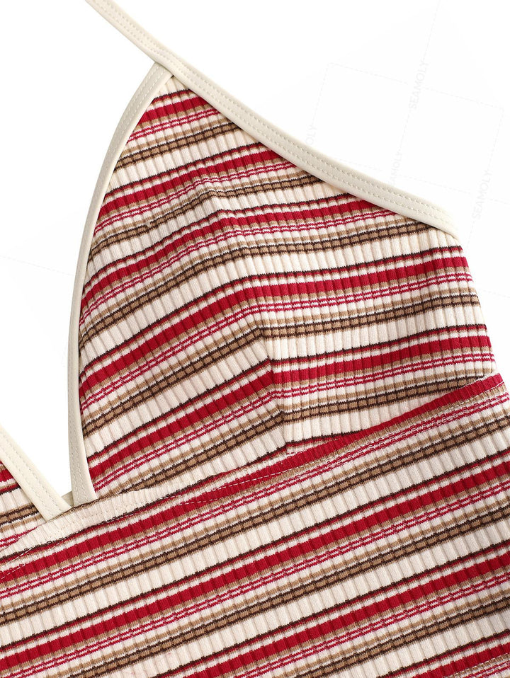 Seamolly Striped Ribbed Halter Cutout Tied Side Boyshorts Tankini Set