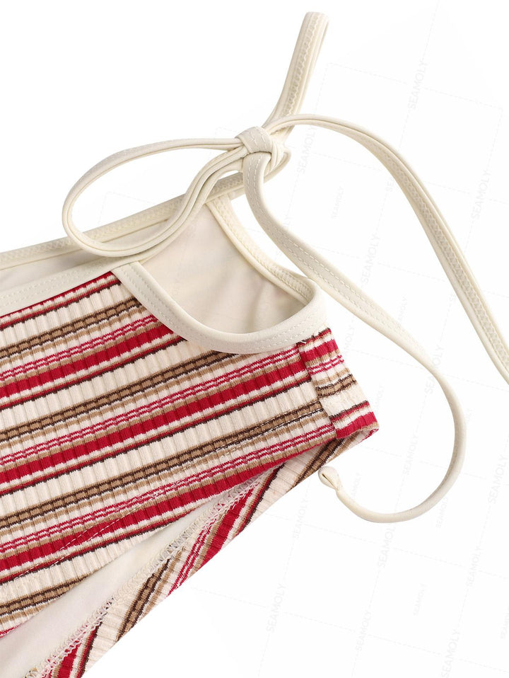 Seamolly Striped Ribbed Halter Cutout Tied Side Boyshorts Tankini Set