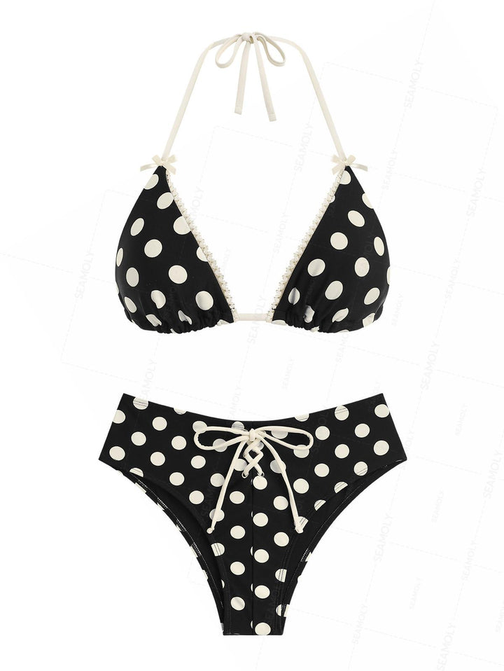 Seamolly Vintage Polka Dot Grommet Lace Up Half-Covered Bikini Set