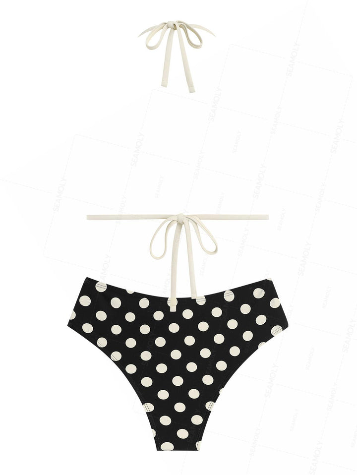 Seamolly Vintage Polka Dot Grommet Lace Up Half-Covered Bikini Set