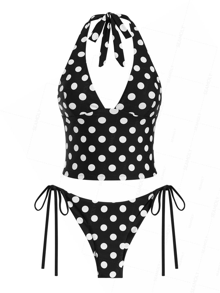 Seamolly Polka Dot Print Halter Tank Top & Brazilian Bottom Tankini Set