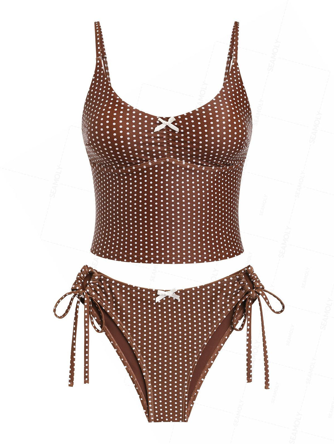 Seamolly Polka Dot Ruched Bowknot Cinched Tie Side Tankini Set