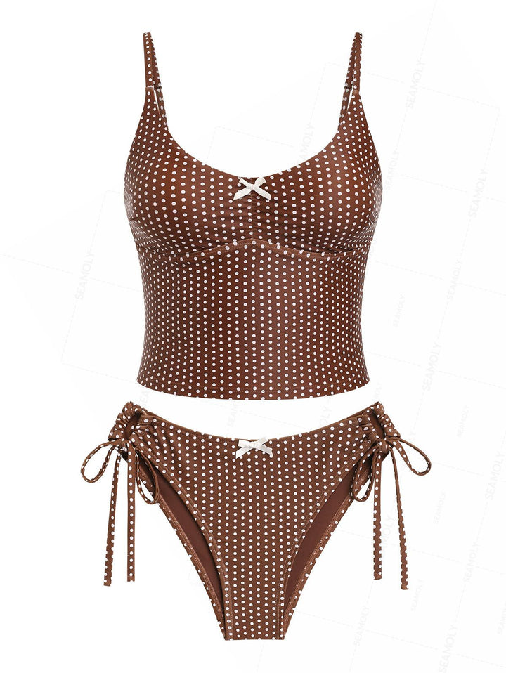 Seamolly Polka Dot Ruched Bowknot Cinched Tie Side Tankini Set