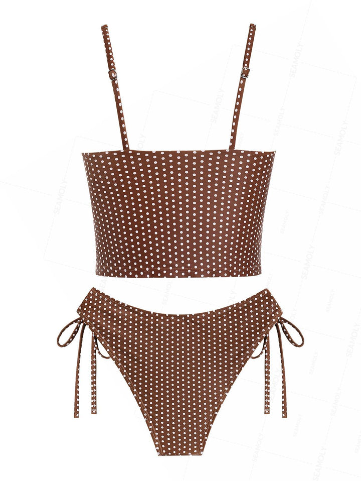 Seamolly Polka Dot Ruched Bowknot Cinched Tie Side Tankini Set