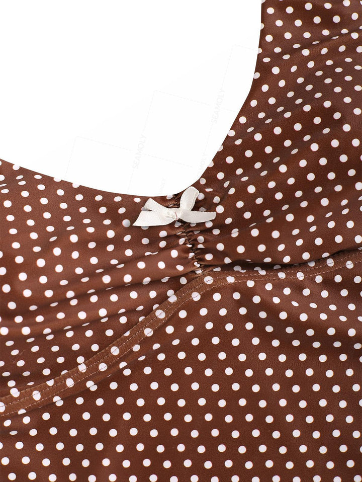 Seamolly Polka Dot Ruched Bowknot Cinched Tie Side Tankini Set