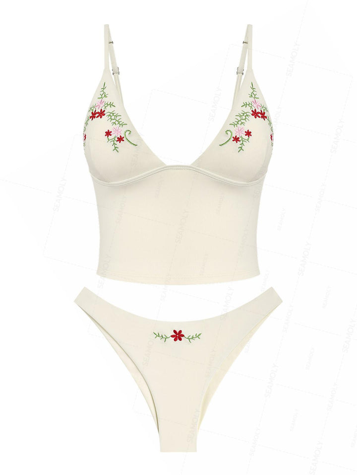 Seamolly Floral Embroidered Cami Tank Top & Brazilian Bottom Tankini Set