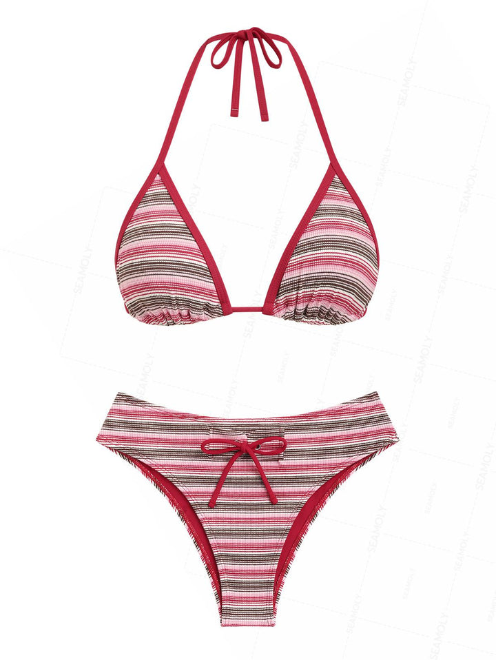 Seamolly Ribbed Striped Contrast Piping Full Coverage Bikini Set