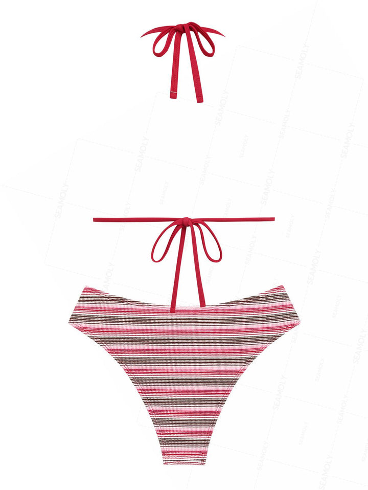 Seamolly Ribbed Striped Contrast Piping Full Coverage Bikini Set