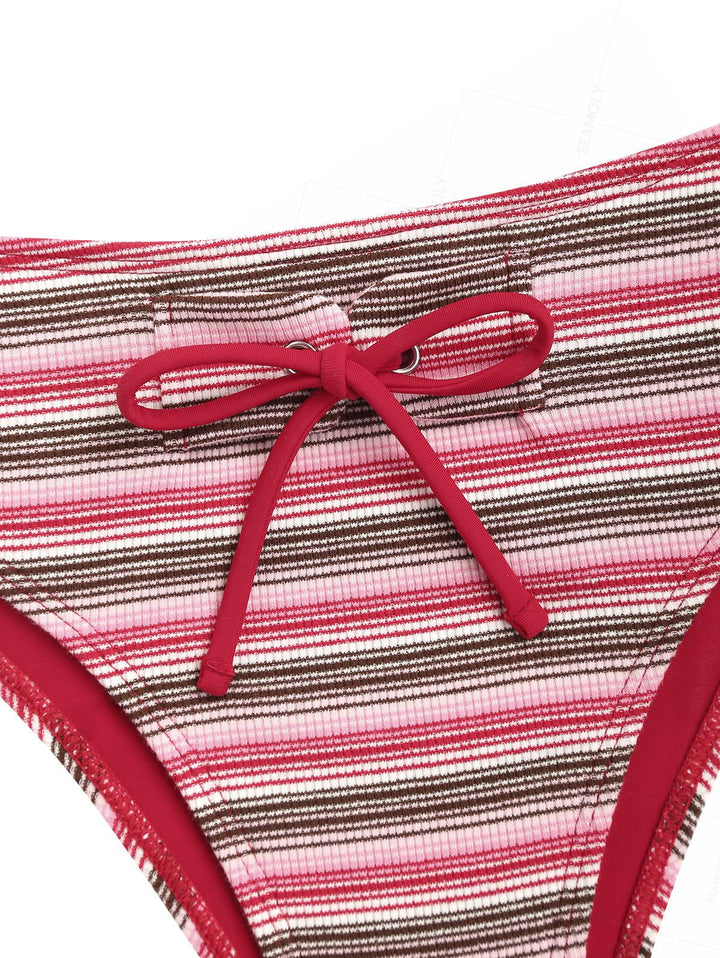 Seamolly Ribbed Striped Contrast Piping Full Coverage Bikini Set