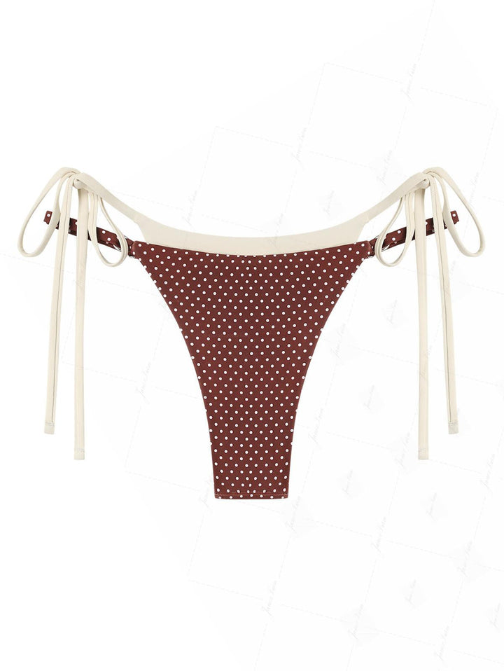 Brown Polka Dot Print Tie Side Double Layer Bikini Bottom