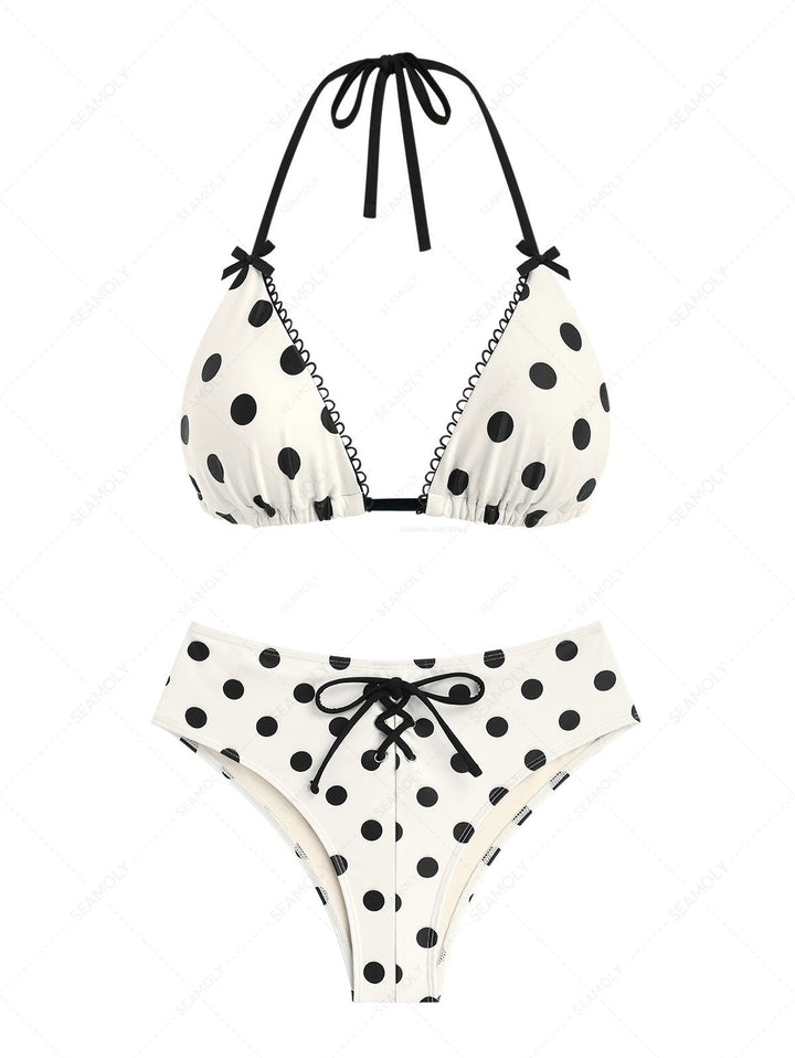 Seamolly Vintage Polka Dot Grommet Lace Up Cheeky Bikini Set