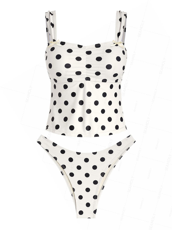 Seamolly Polka Dot Print Ruched Bowknot Cheeky Tankini Set