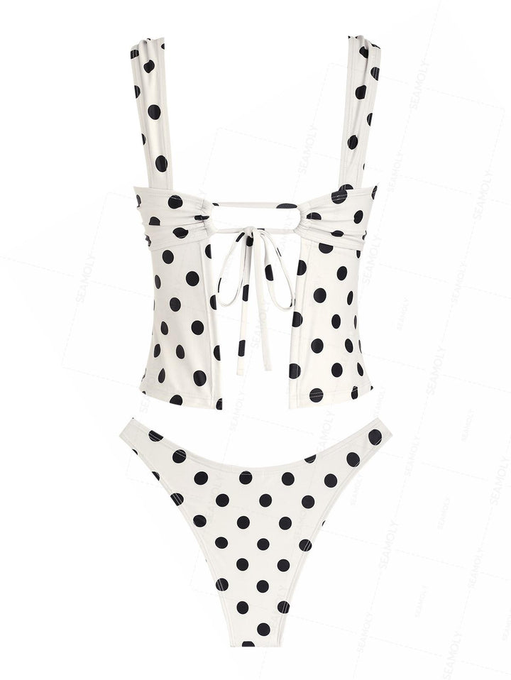 Seamolly Polka Dot Print Ruched Bowknot Cheeky Tankini Set