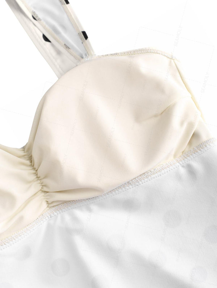 Seamolly Polka Dot Print Ruched Bowknot Cheeky Tankini Set