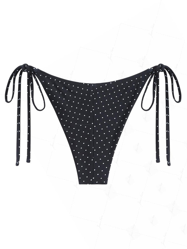 Black Polka Dot Print Lace Bowknot Tie Side Bikini Bottom